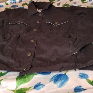 D & Co Button UP Denim Jacket Black Lng Slve Pockets Cotton Blend Women's
